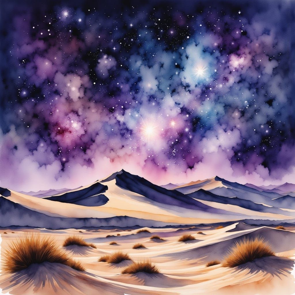 Cosmic Desert Landscape in Watercolor Style