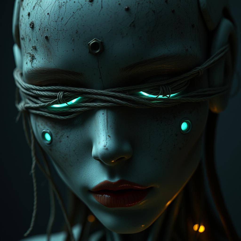 Bioluminescent Android Woman with Sewn Eyes