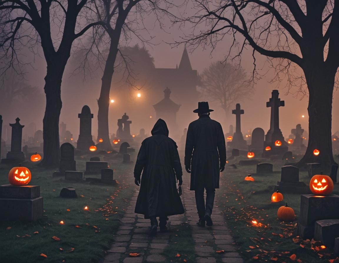 Eerie Cemetery Scene with Lit Pumpkins in Dark Romanticism