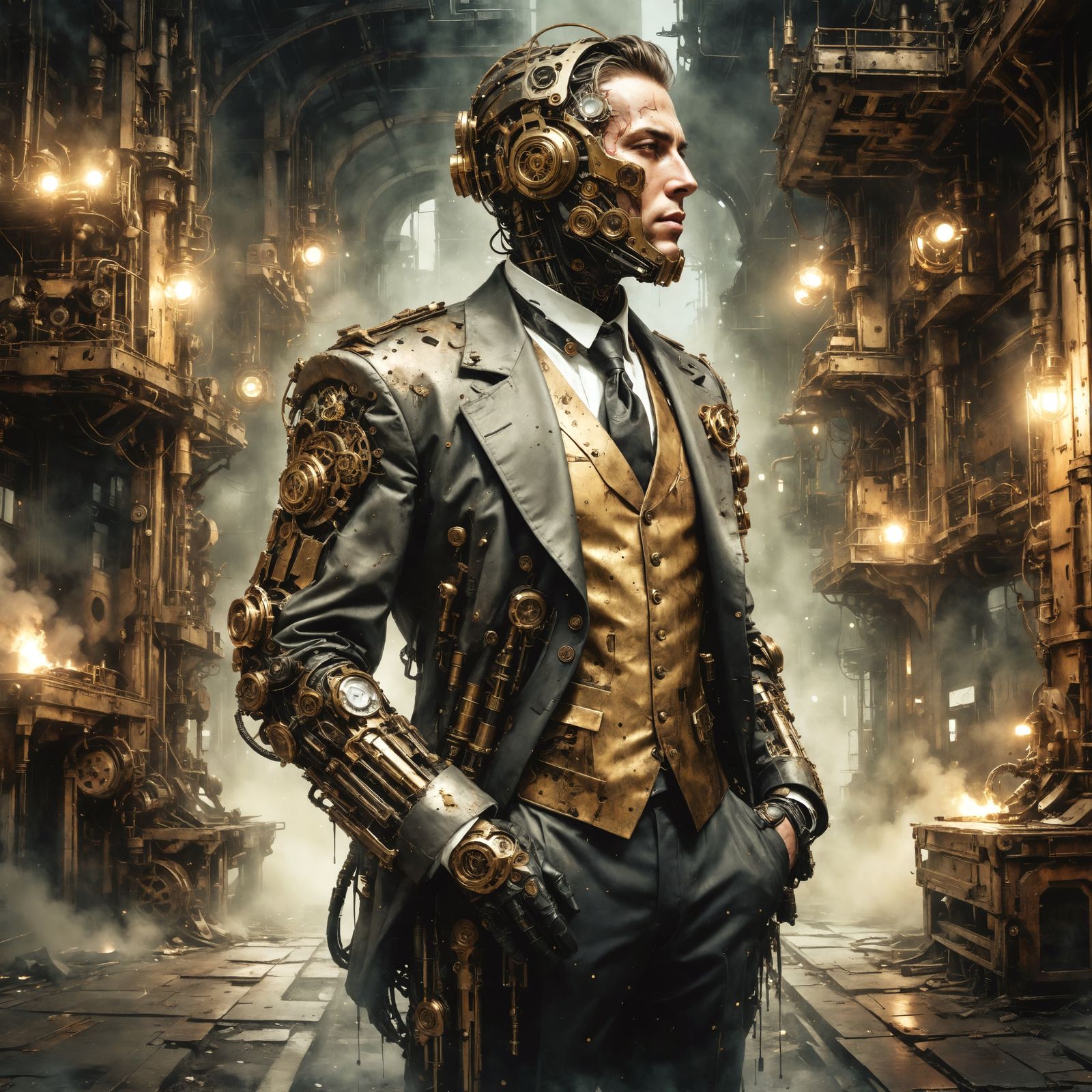 Steampunk Cyborg Disintegrating in Maximalist Temple