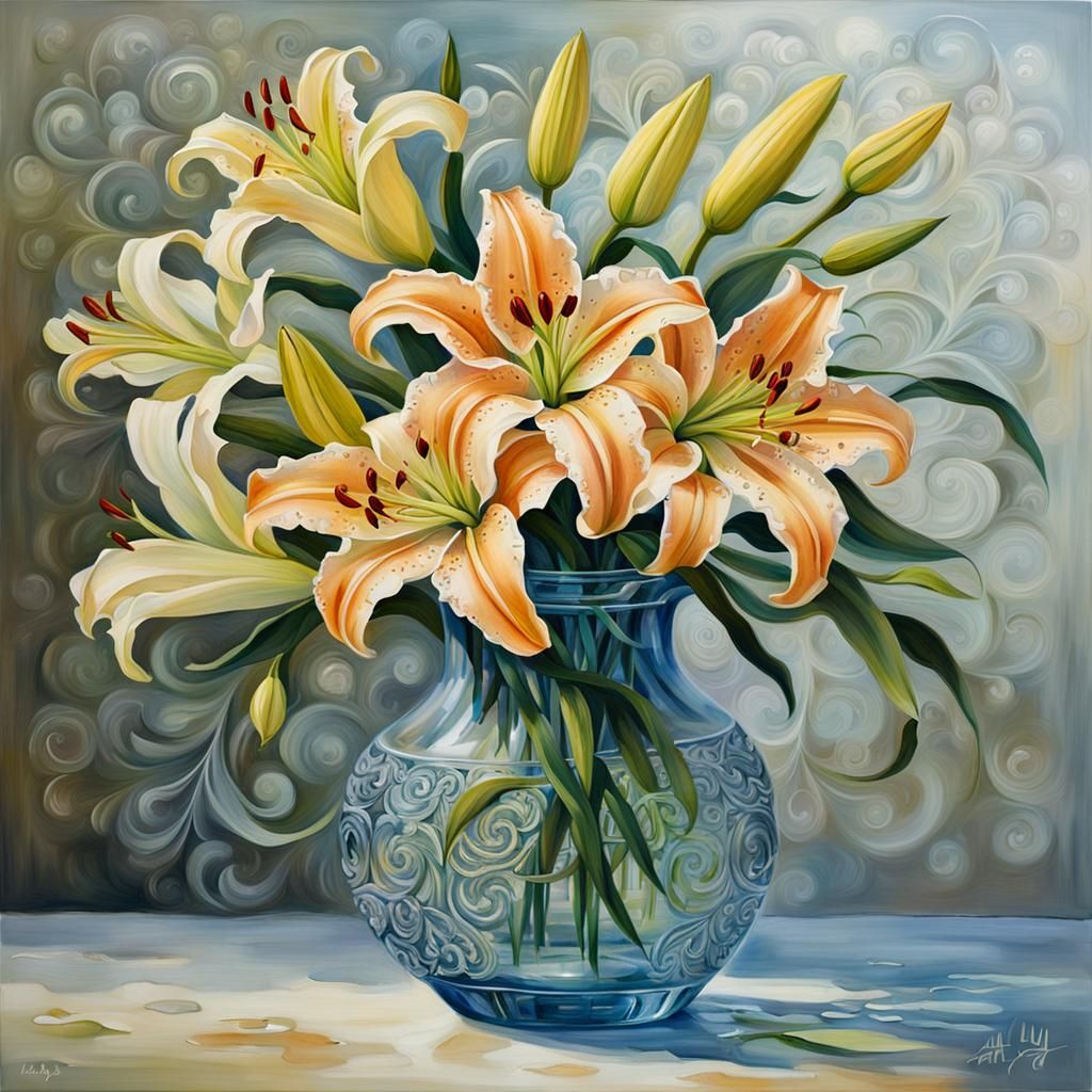 Lilies in Ornate Vase: Pre-Raphaelite Digital Art