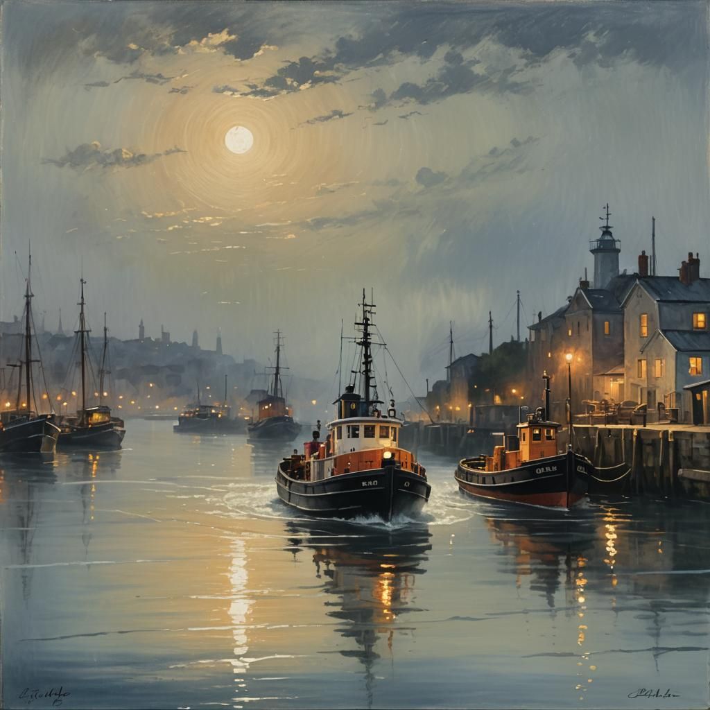 Vintage Tugboat in Moonlit Harbour: Impressionist Painting