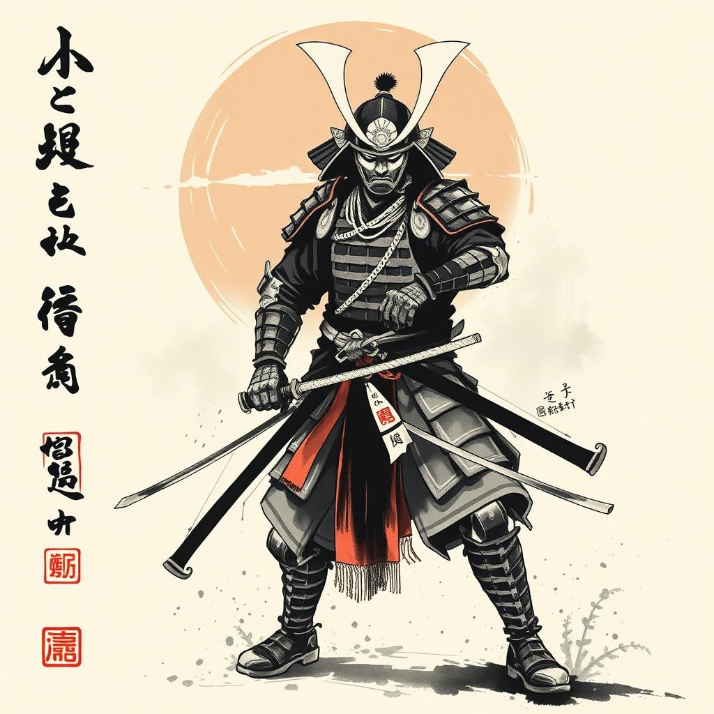 Samurai in Modern Chinese Ink Painting Style