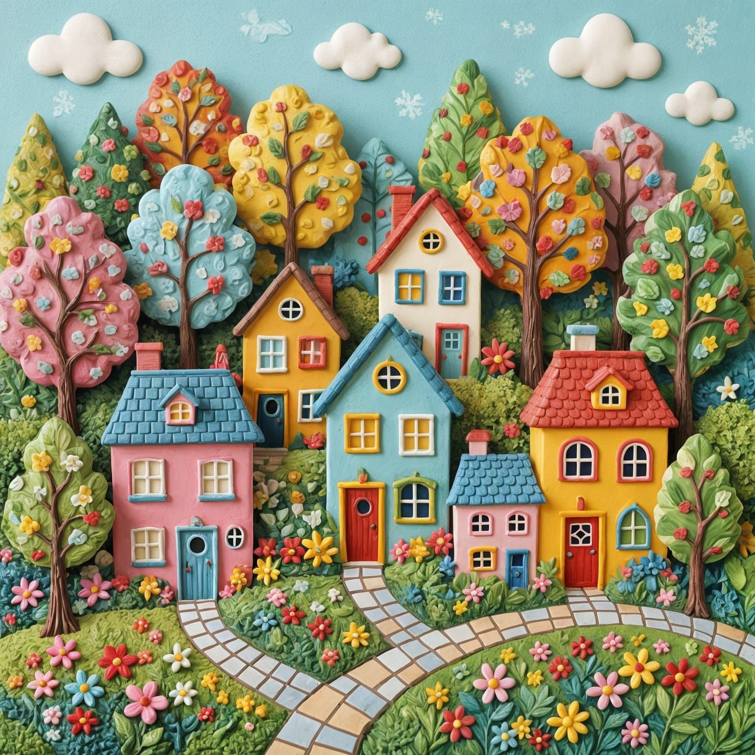 Colorful Clay Forest with Trees and Houses