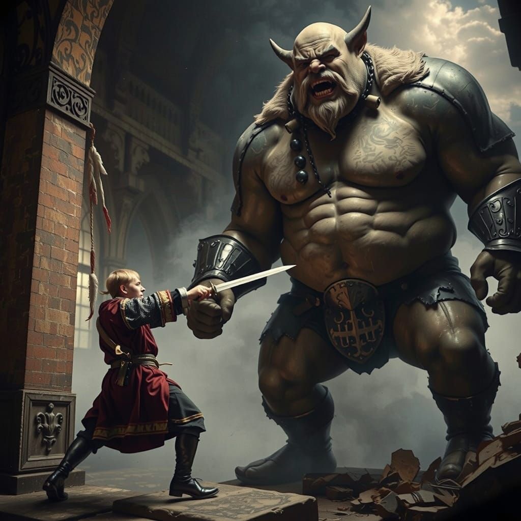 Medieval Footman Battles Giant Ogre in Ornate Style