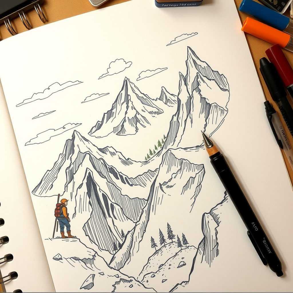 Doodle Art: Alpinists Conquer Rugged Mountains