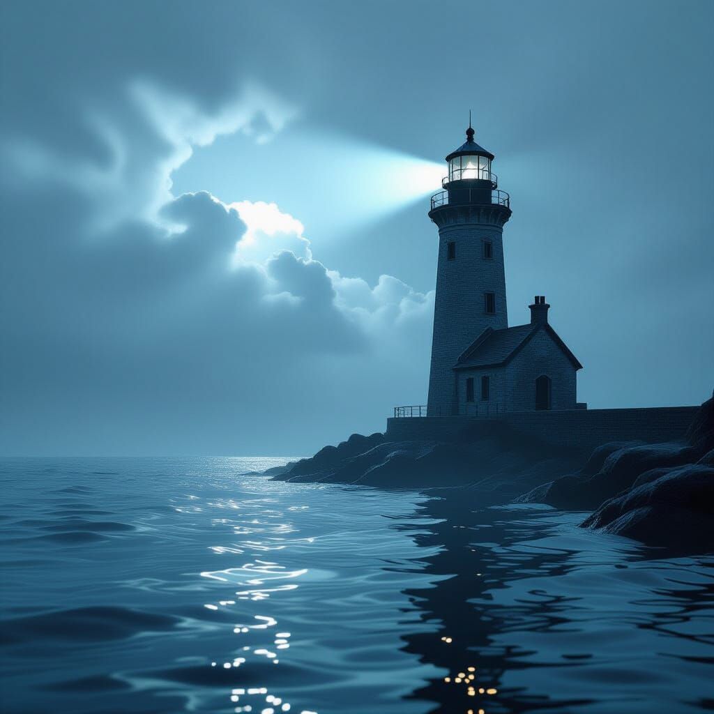 Ancient Lighthouse in Stormy Surreal Sea, Cinematic Lighting