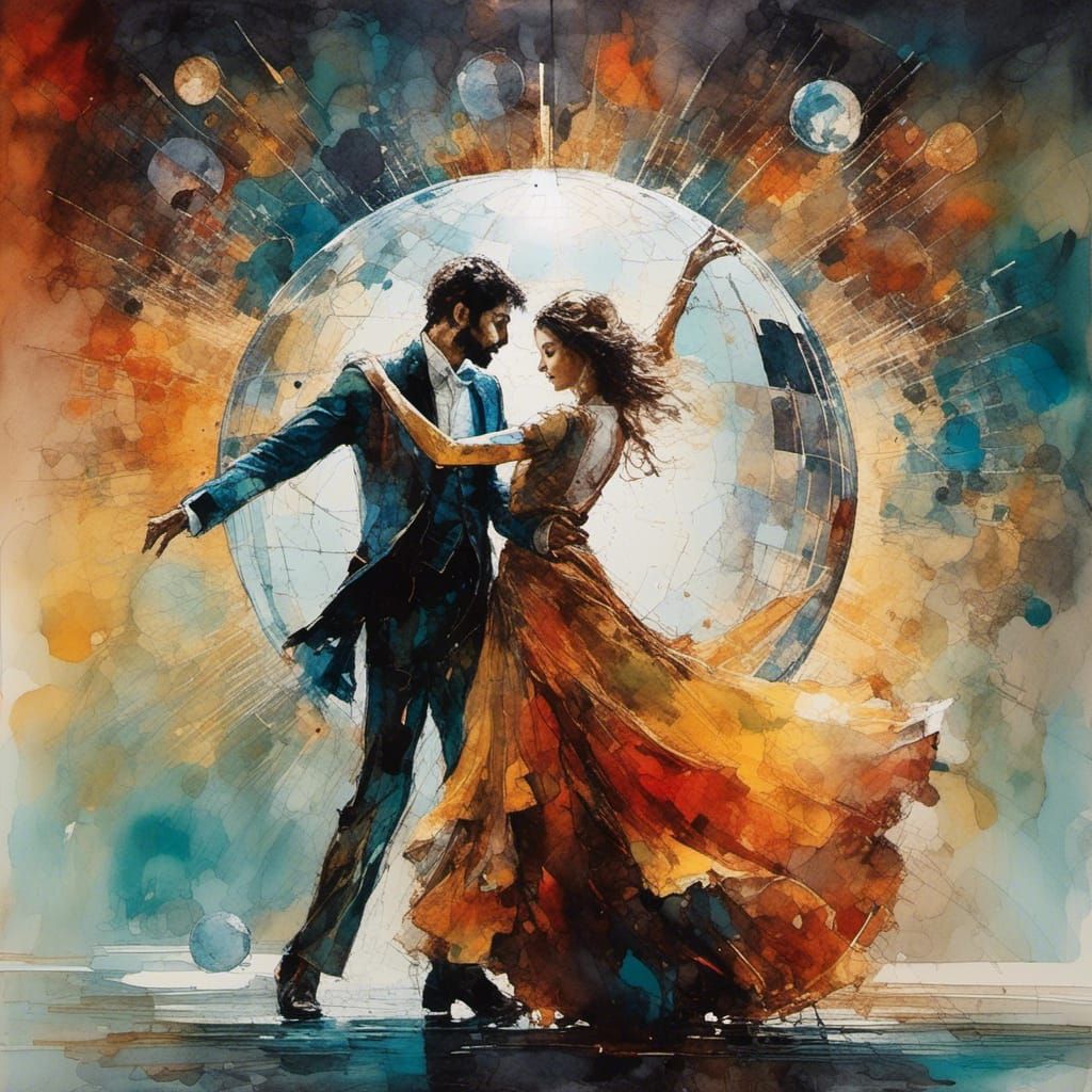 Couple Dancing Under Disco Ball in Chromolithography