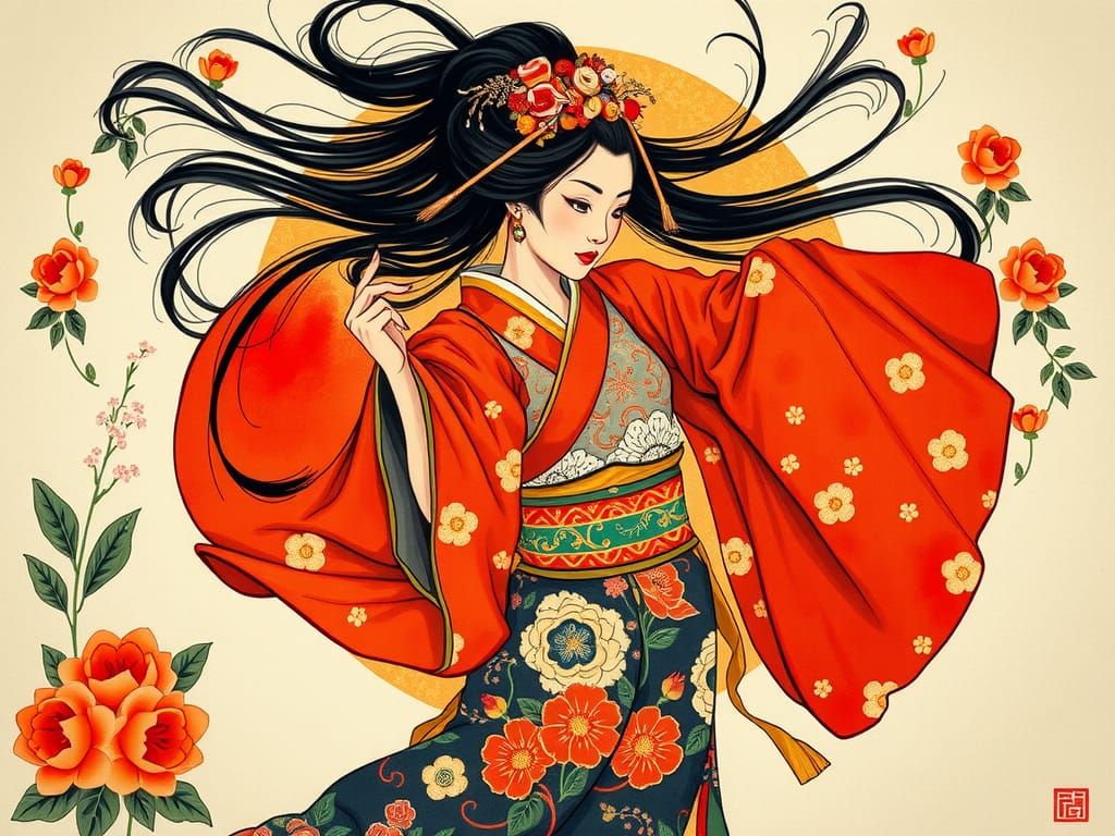 Kabuki Woman's Avant-Garde Dance with Ink Brushstrokes