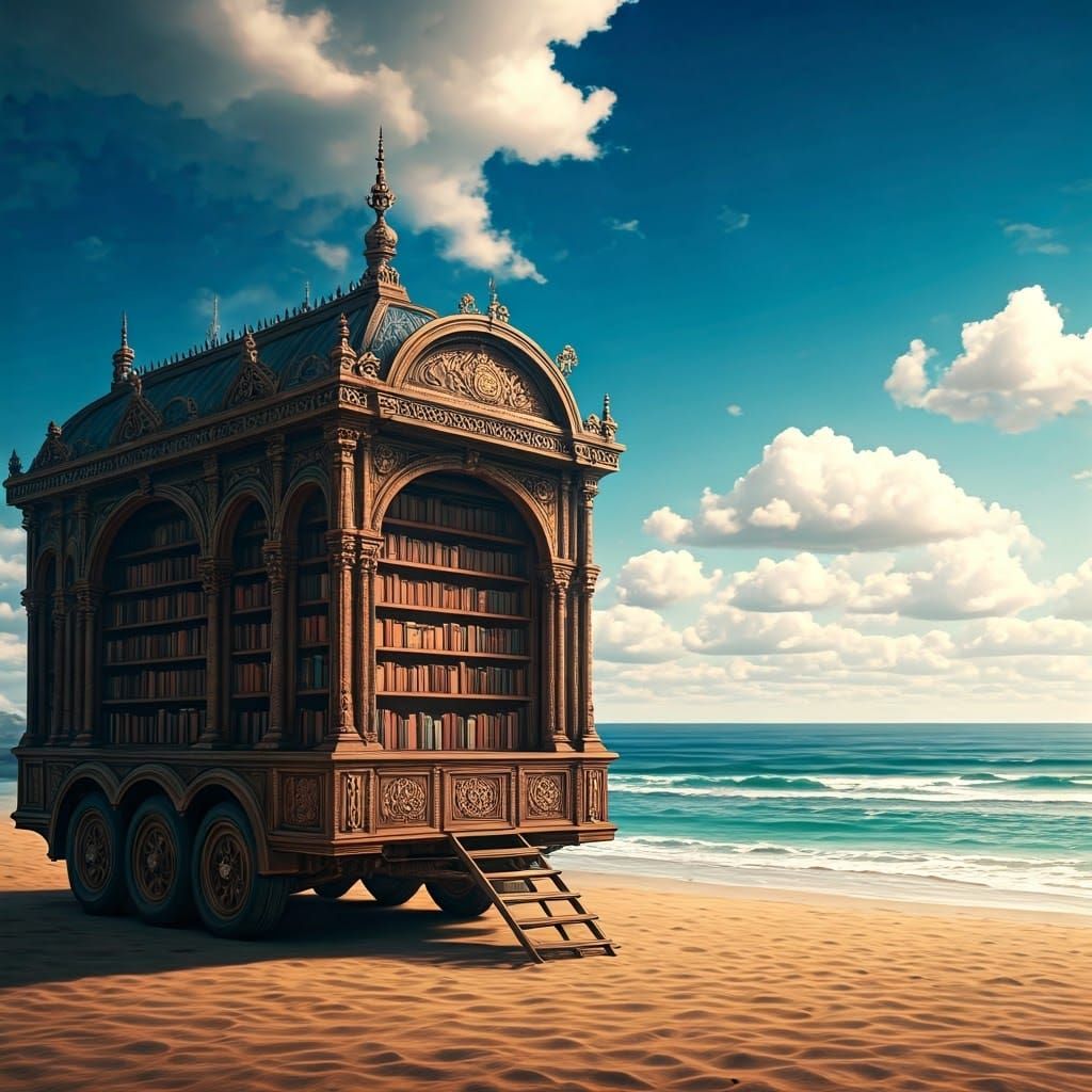 Elegant Mobile Book Library on a Serene Beach in Photorealis...