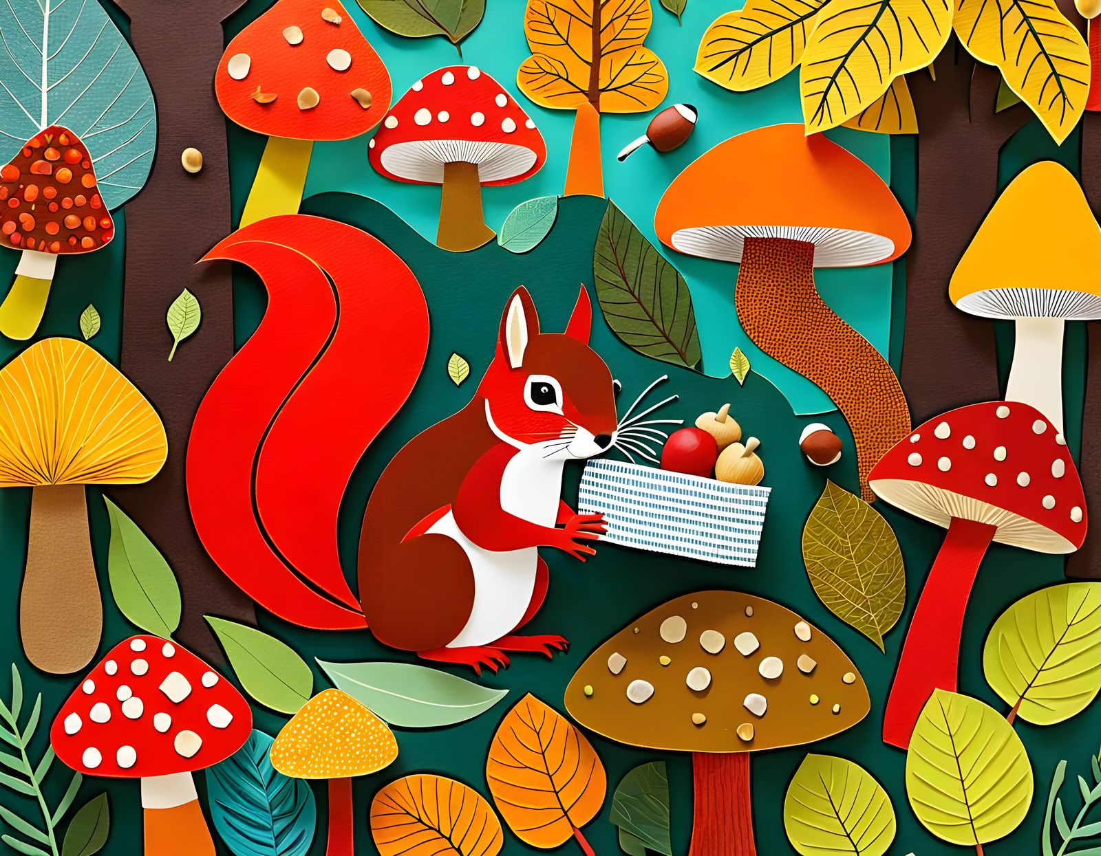 Red Squirrel Paper Collage in Naive Art Style