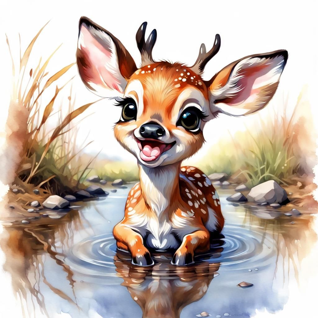 Watercolor Portrait of Adorable Chibi Fawn