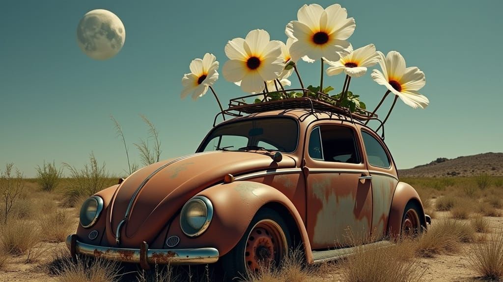 Moonflowers Engulfing a Rusty Volkswagen Beetle