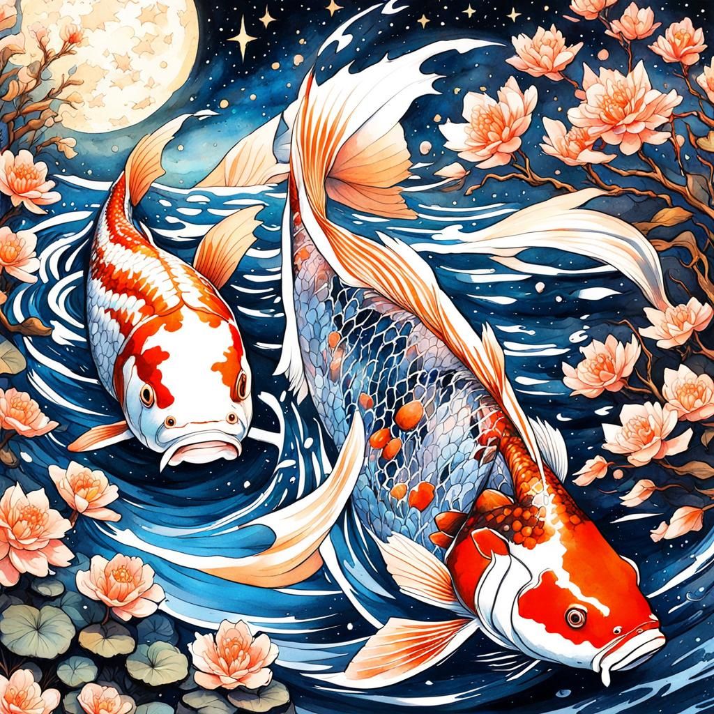 High Gothic Koi Carp Under Starry Night