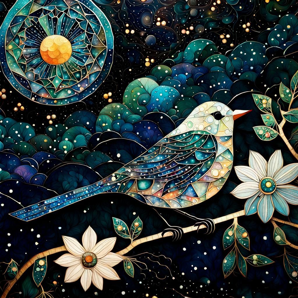 Bird in Night Sky: Detailed Collage Art