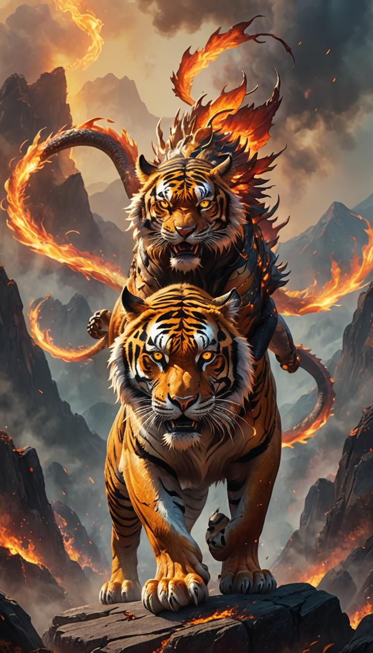 Tiger-Dragon Hybrid in Fiery Landscape: Digital Art