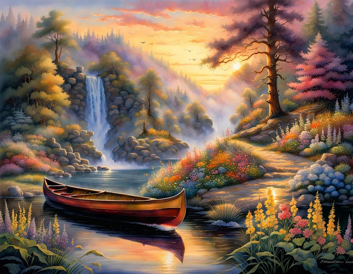 Watercolor Illustration of Birds, Canoe and Waterfall