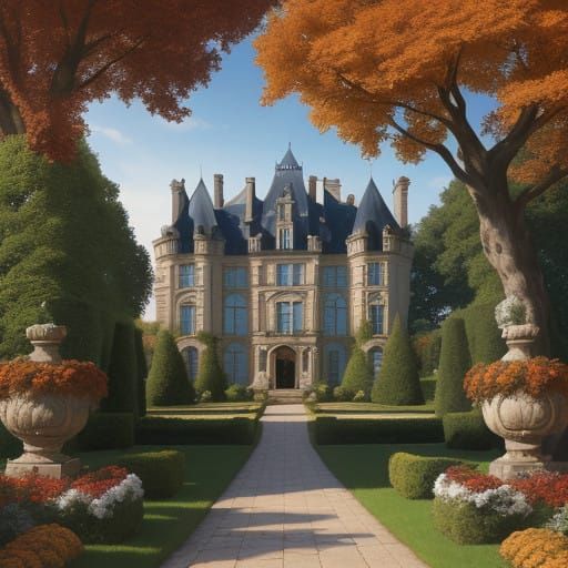 Elegant Chateau in Autumnal Splendor, Rich Colors, Ornate Ar...