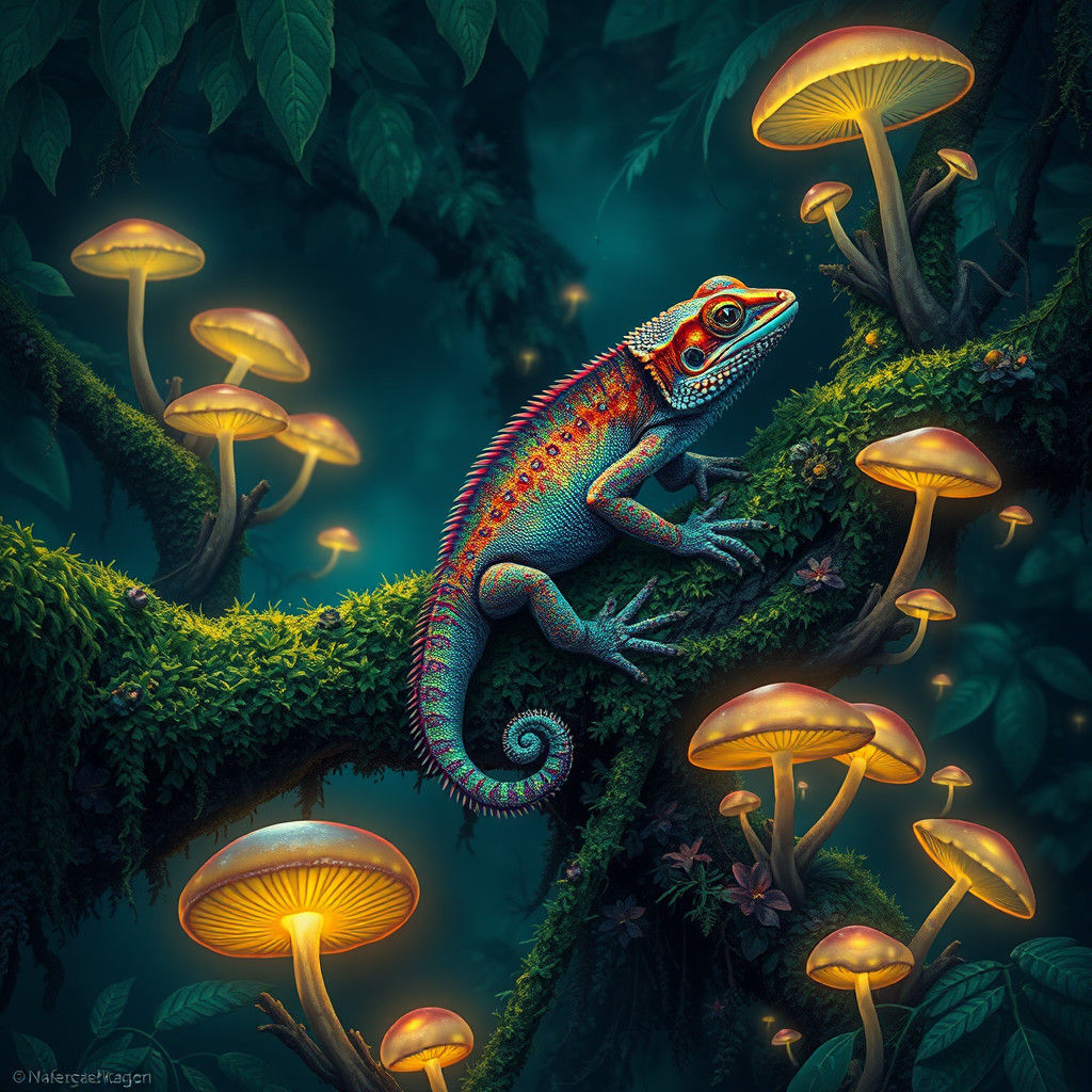 Iridescent Gecko in Bioluminescent Madagascar Rainforest