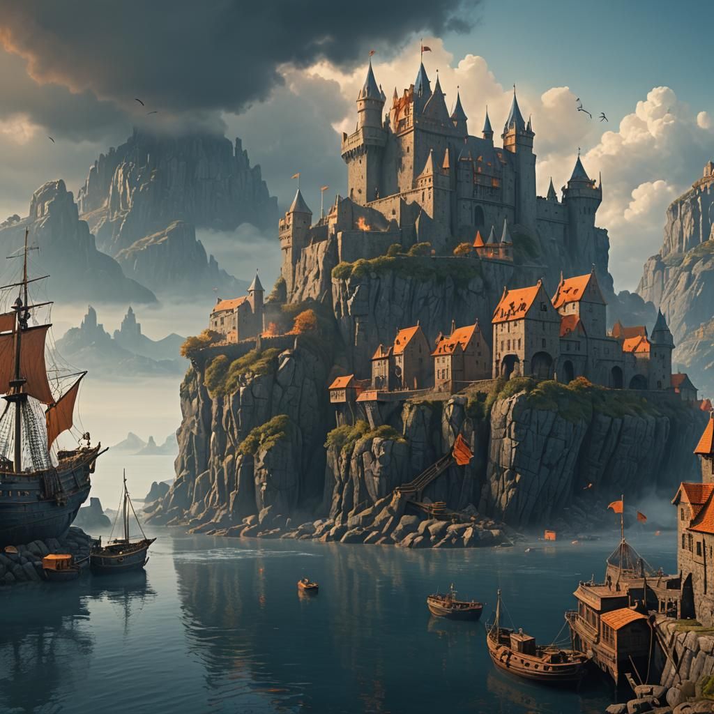 Medieval Castle Overlooking Harbour: Matte Painting