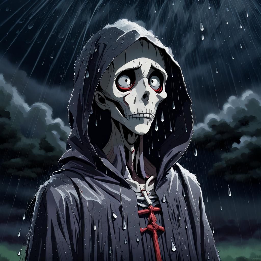 Gothic Grim Reaper in Rainy Anime Style
