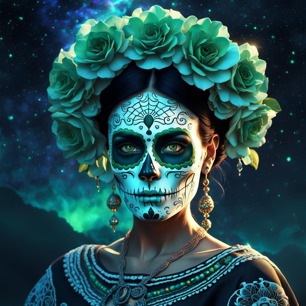 Day of the Dead: Mexican Woman in Galaxy Sky
