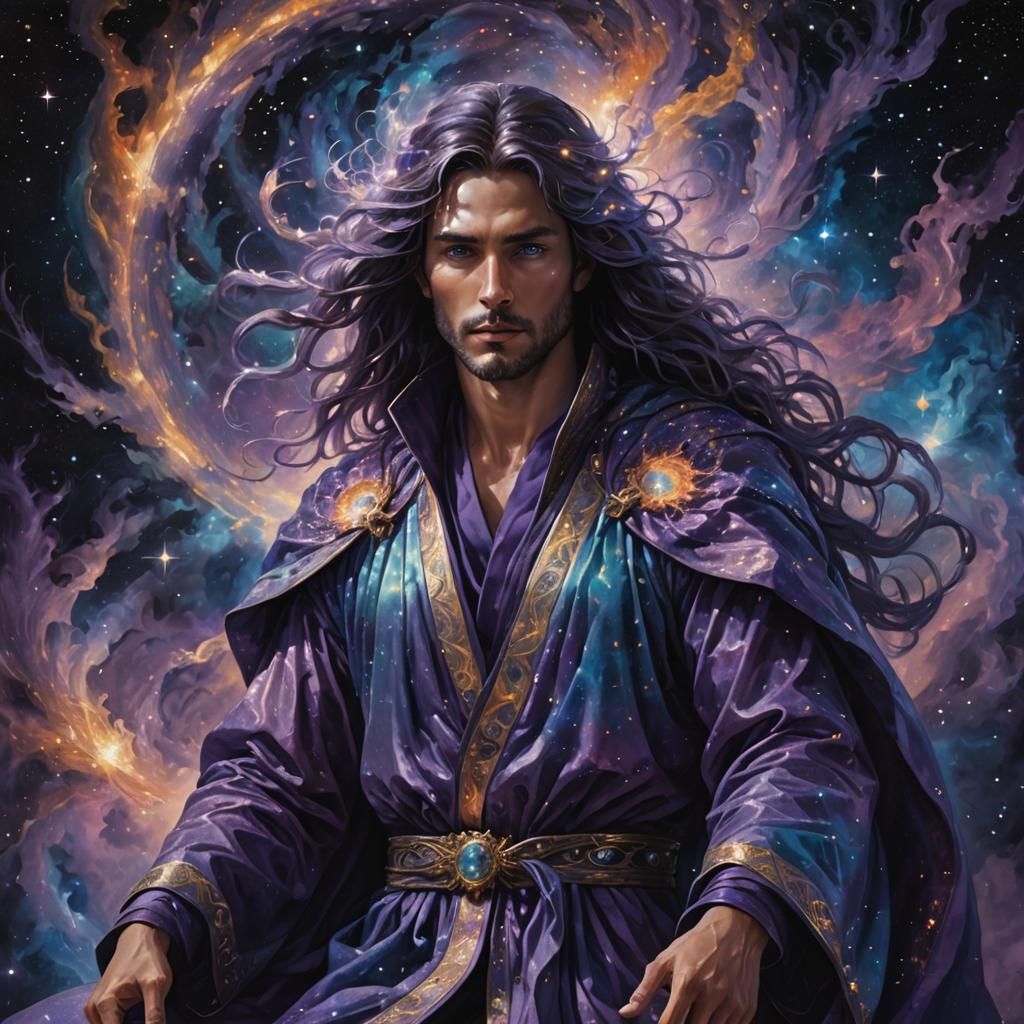 Father of the gods, is an imposing male figure with an ethereal presence. Clad in robes of shimmering cosmic energy.