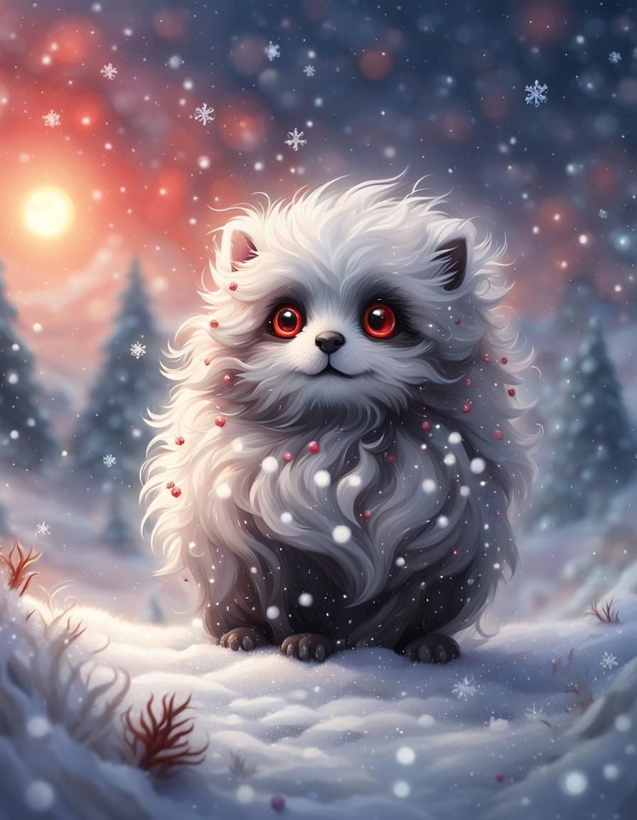 Fluffy Fantasy Creature Plays in Snowstorm, Digital Painting