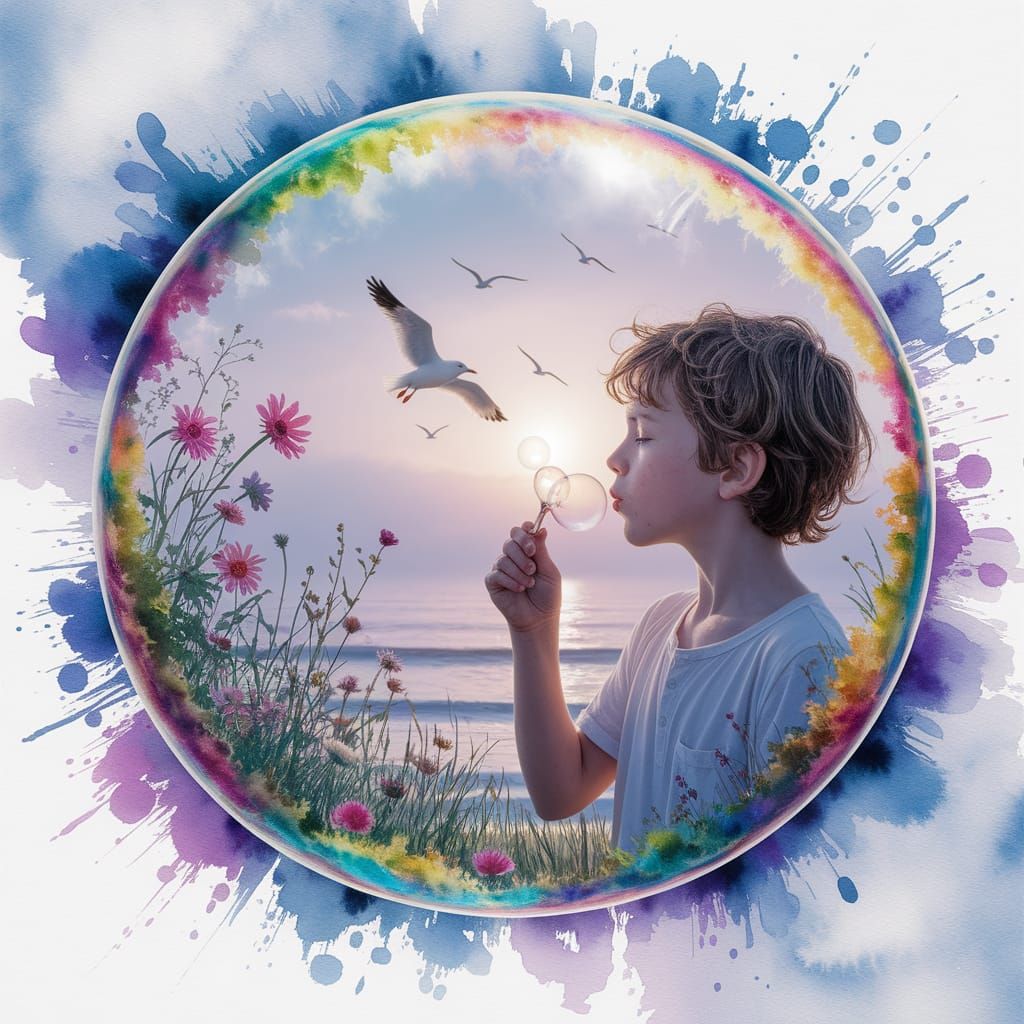 Boy Blowing Bubbles Reflected in Watercolor Style