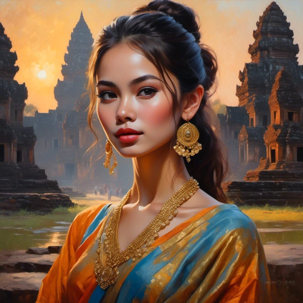 Cambodian Woman at Sunrise, Oil Painting Portrait