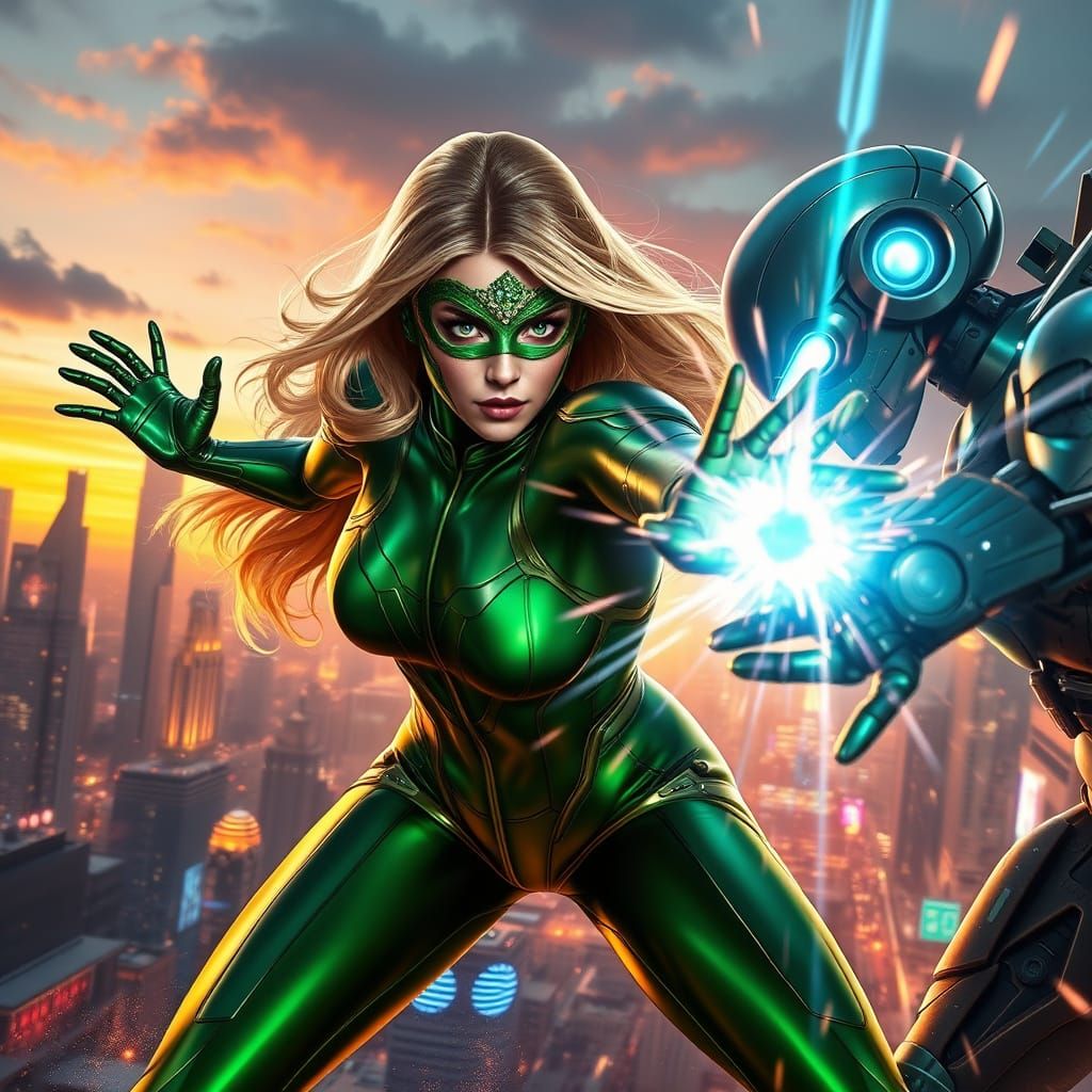 Emerald Heroine Battles Futuristic Robot in High-Tech Citysc...