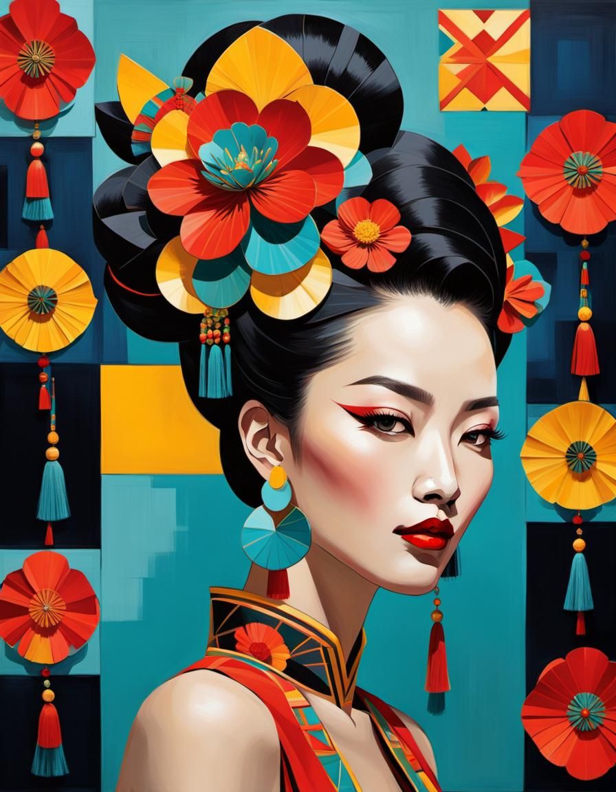 Geometric Portrait of Woman in East Asian Style
