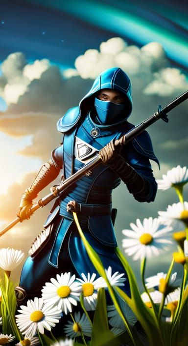 Hyperrealistic Ninja in Blue Diamond Armor with Daisies