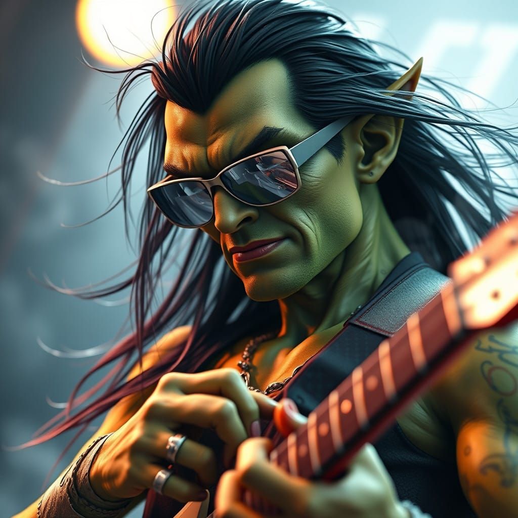 Portrait of a Green Goblin playing electric guitar