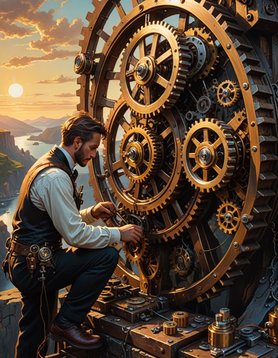 Steampunk Watchmaker Repairs Giant Glowing Gear on Cliff