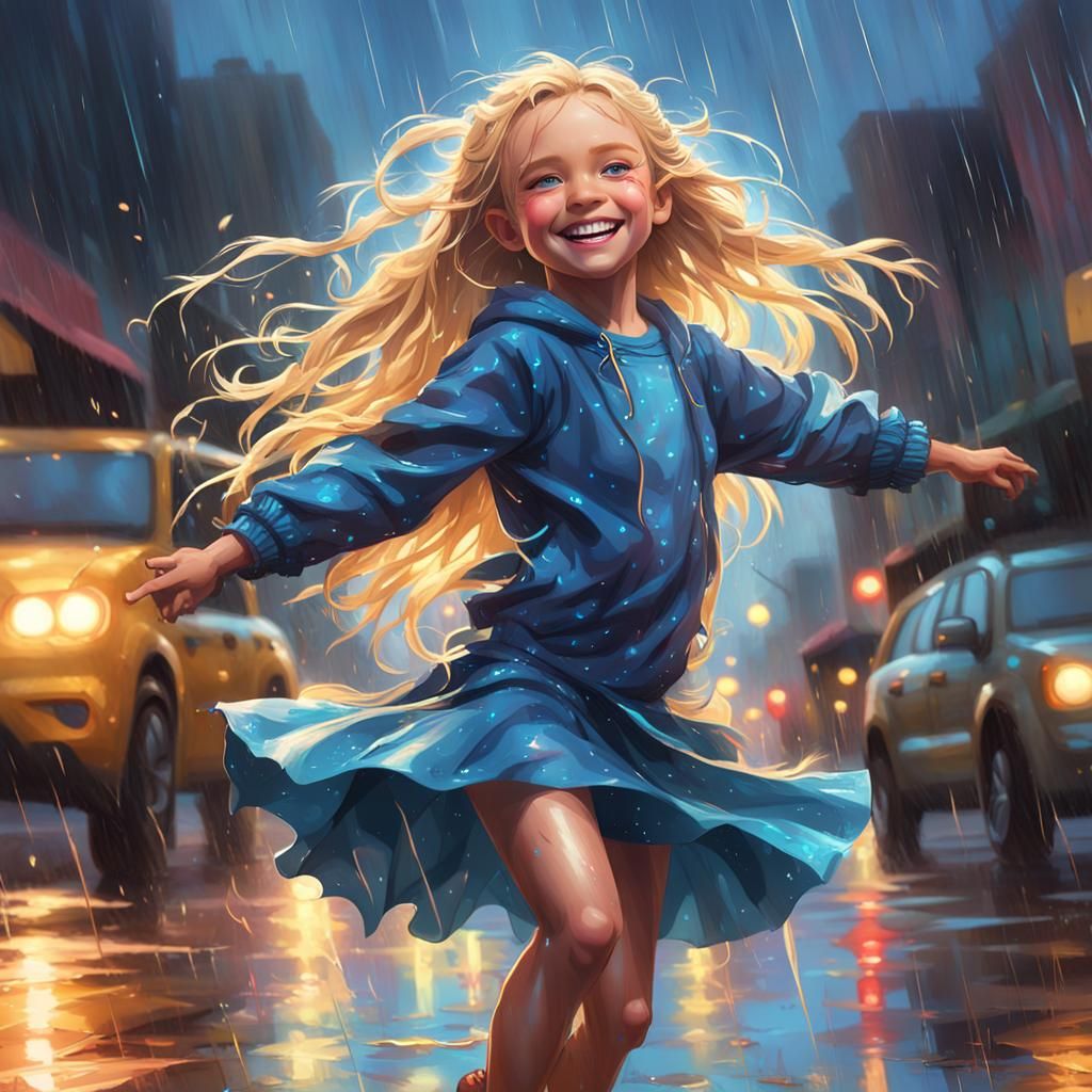 Girl Dancing in Rain: Vibrant Splash Art
