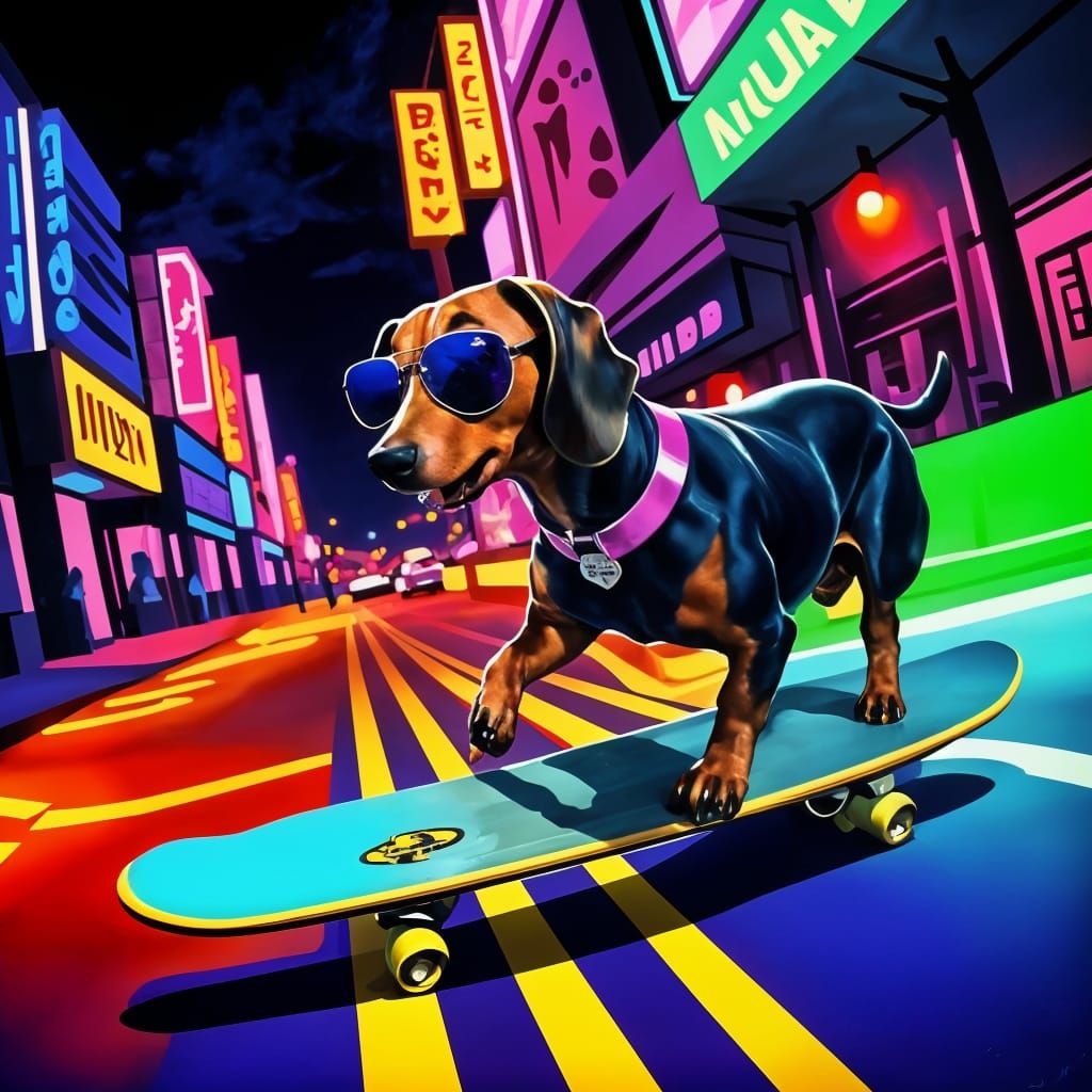 Dachshund Skateboarder in Vaporwave Digital Painting