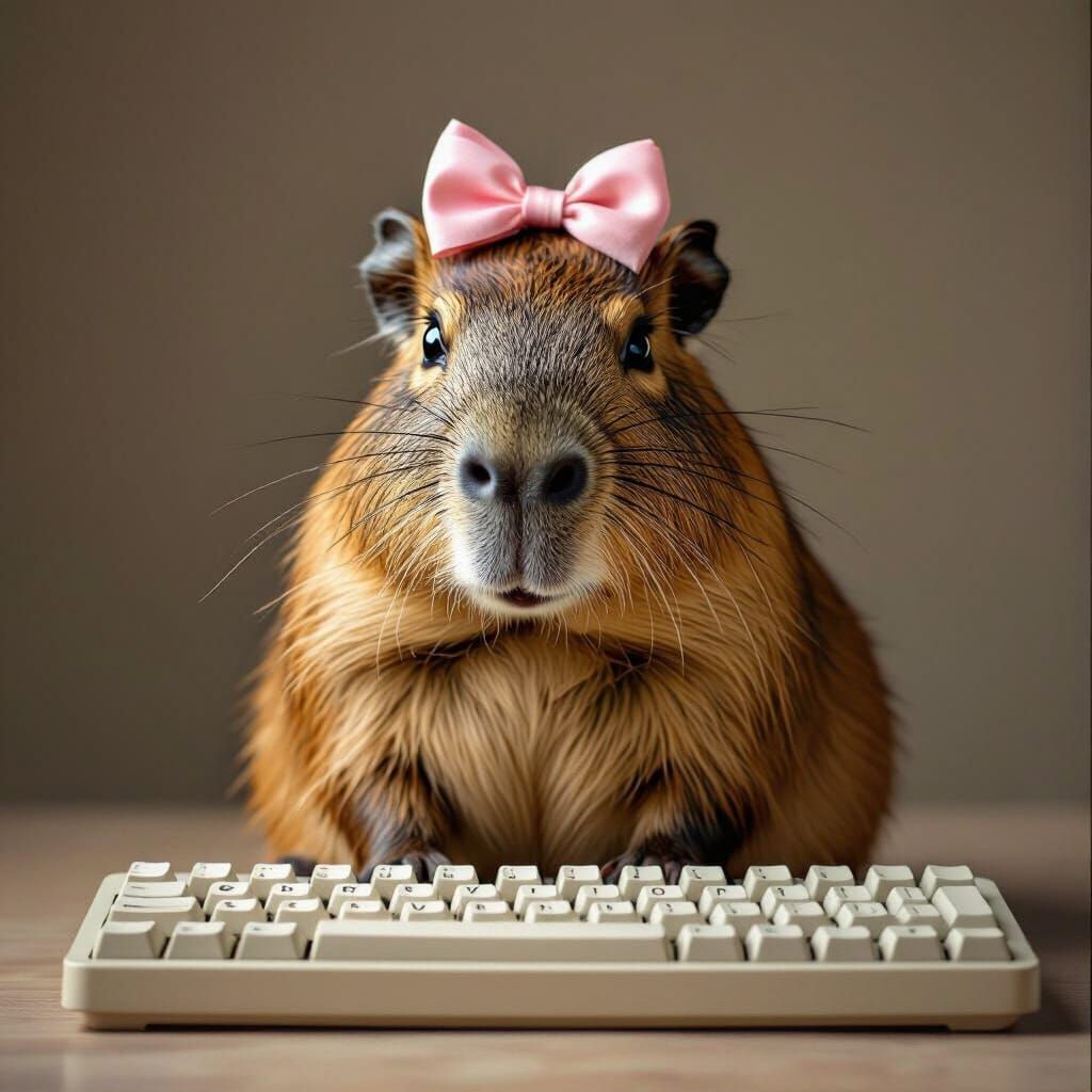 Capybara Poses with Cute Keyboard and Pink Bow