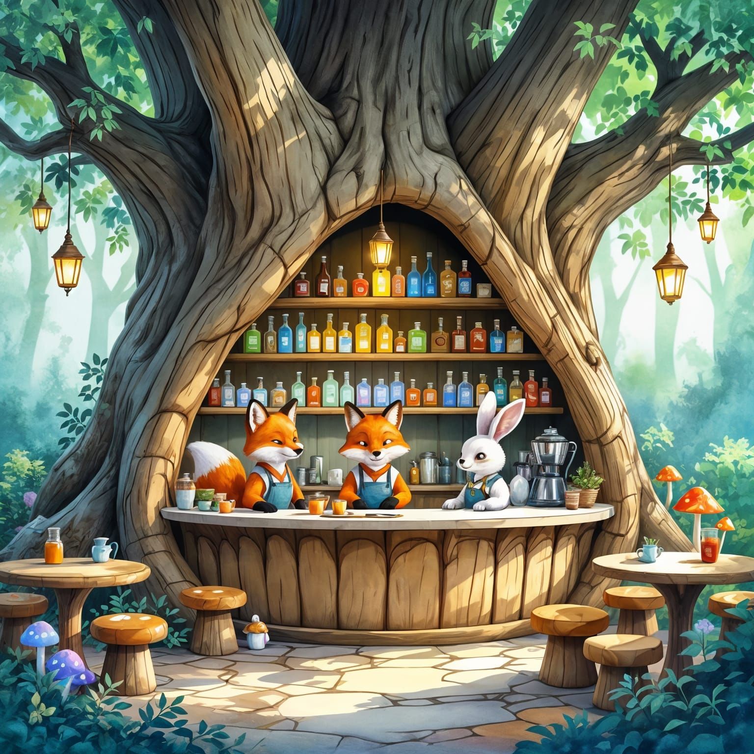 Woodland Cafe Watercolor Illustration