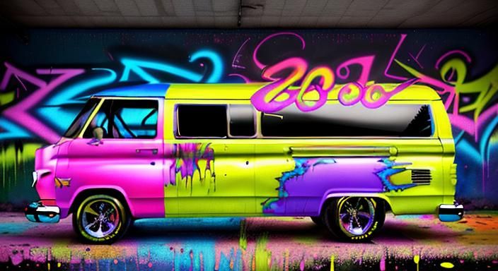Hippie Van Graffiti Art in Polychromatic Style