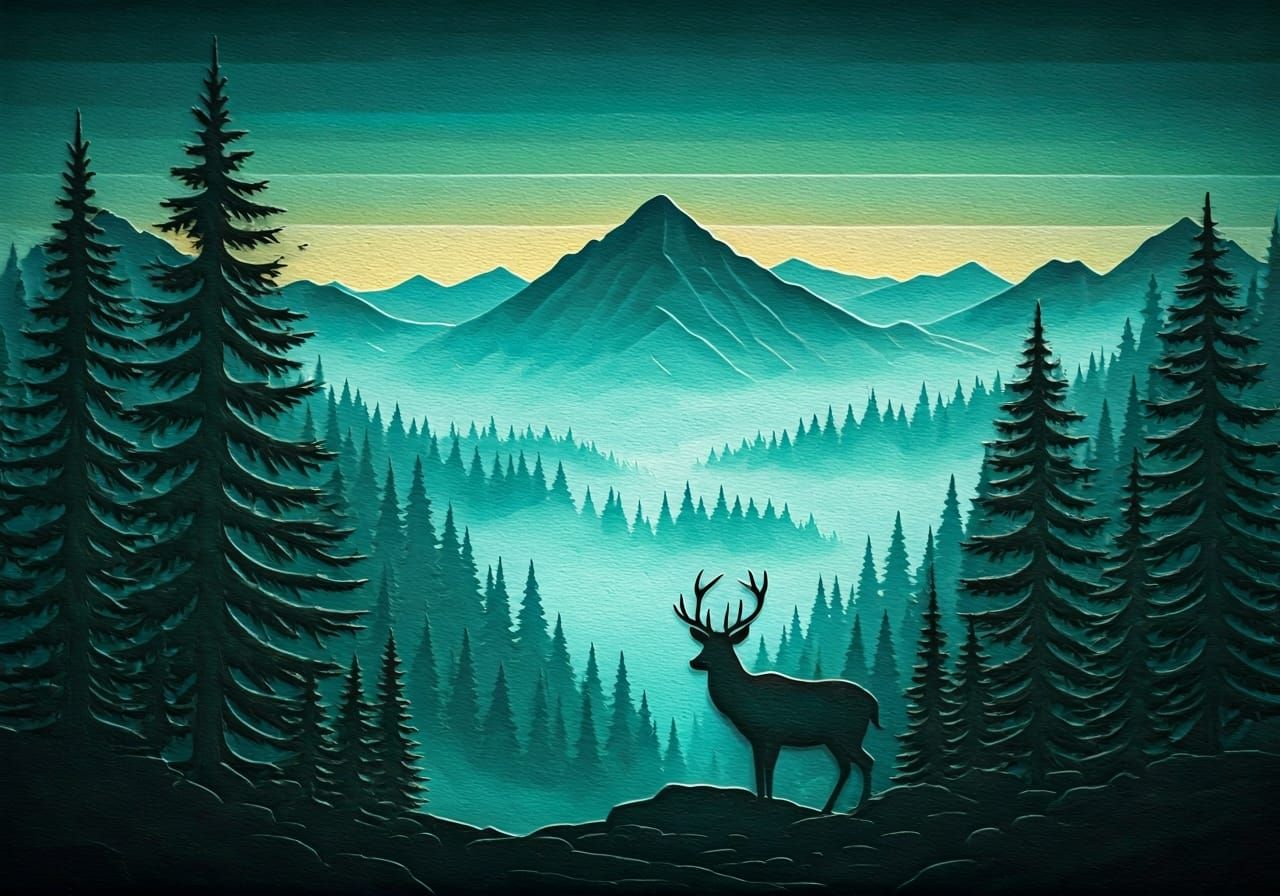 Embossed Turquoise Watercolor Landscape with Deer Silhouette