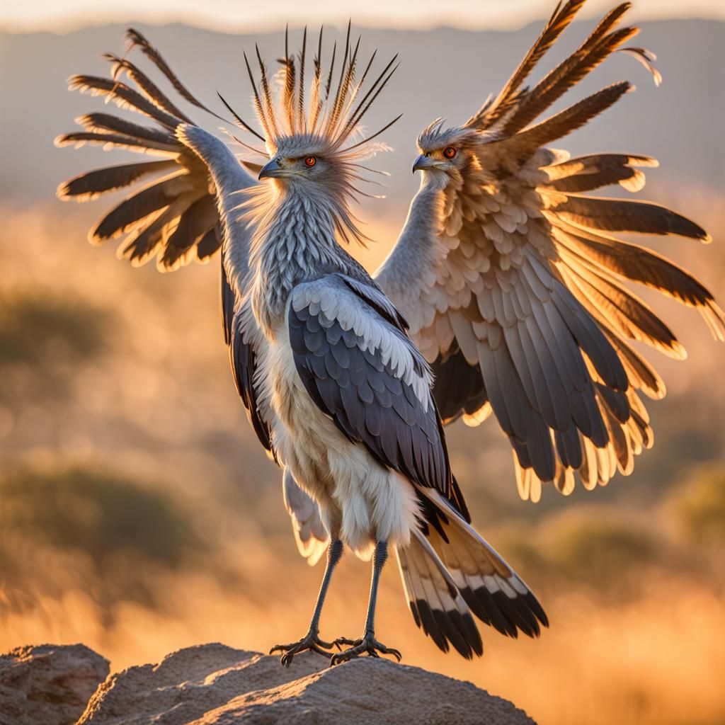 Secretary Bird Spreads Wings in African Sunrise