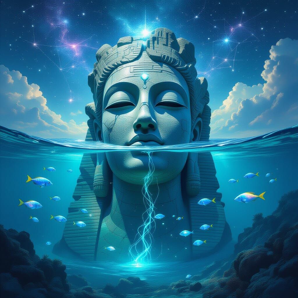 Ancient Statue in Otherworldly Ocean