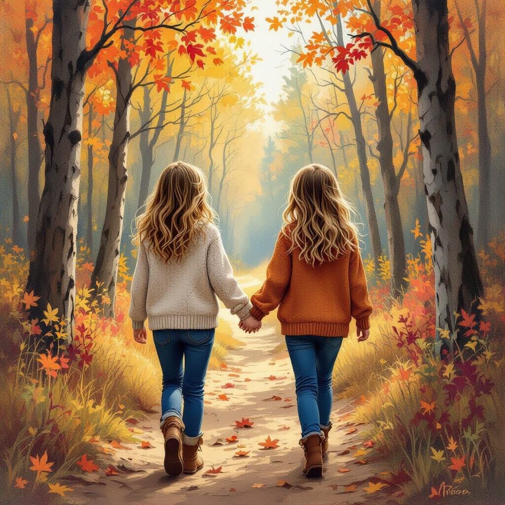 Sisters Stroll Through Autumn Forest in Hidden-Image Style