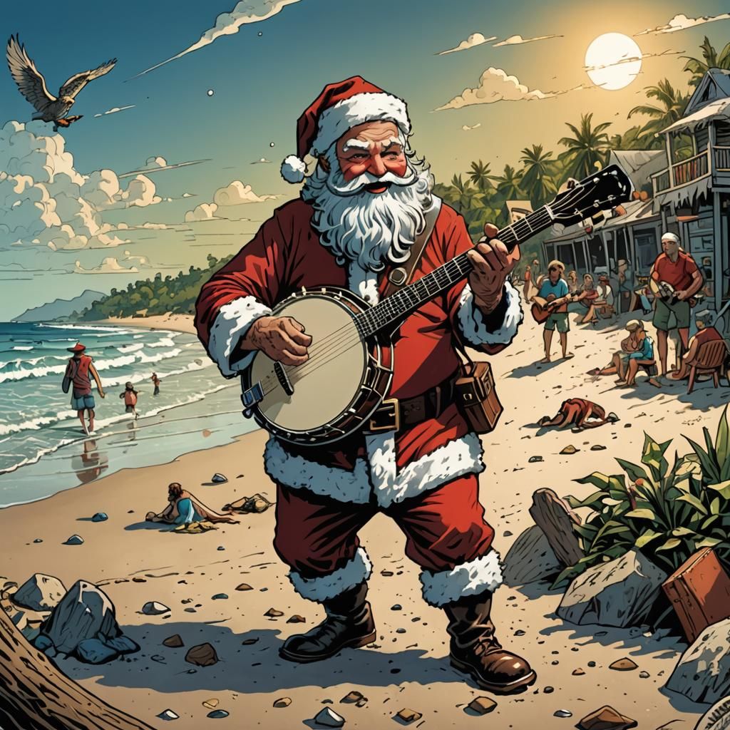 Santa Claus Plays Banjo on Beach, Comic Art