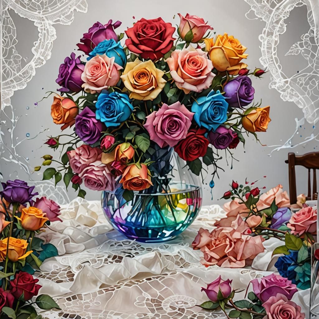 Colorful Roses in Watercolor, Hyperdetailed Digital Art