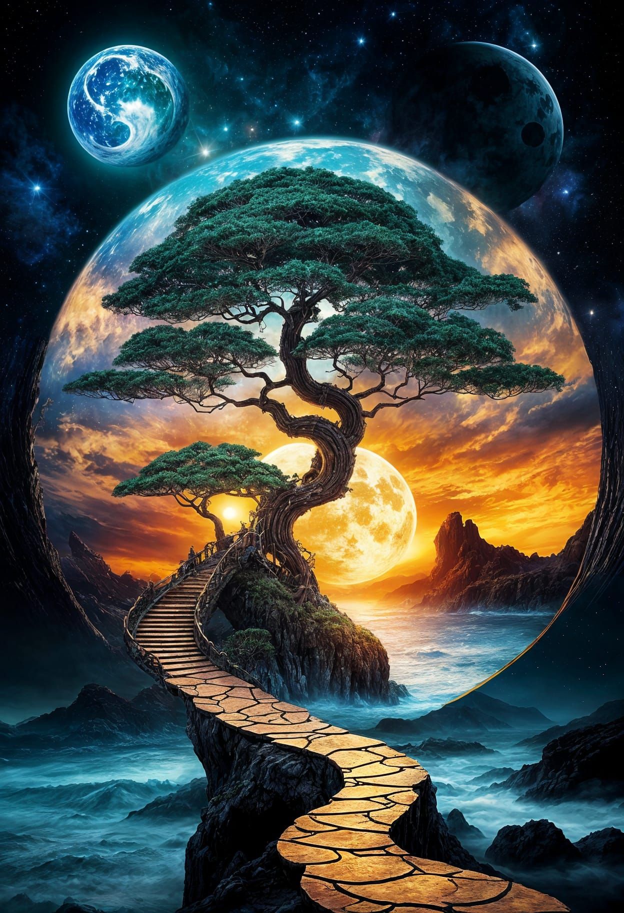 Surreal Yin Yang Sun Moon with Cosmic Treehouse