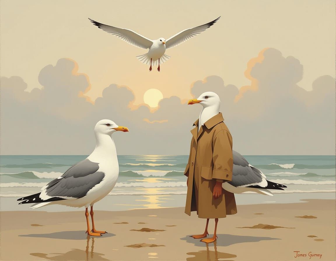 Seagulls on a Beach in Atmospheric Landscape Style
