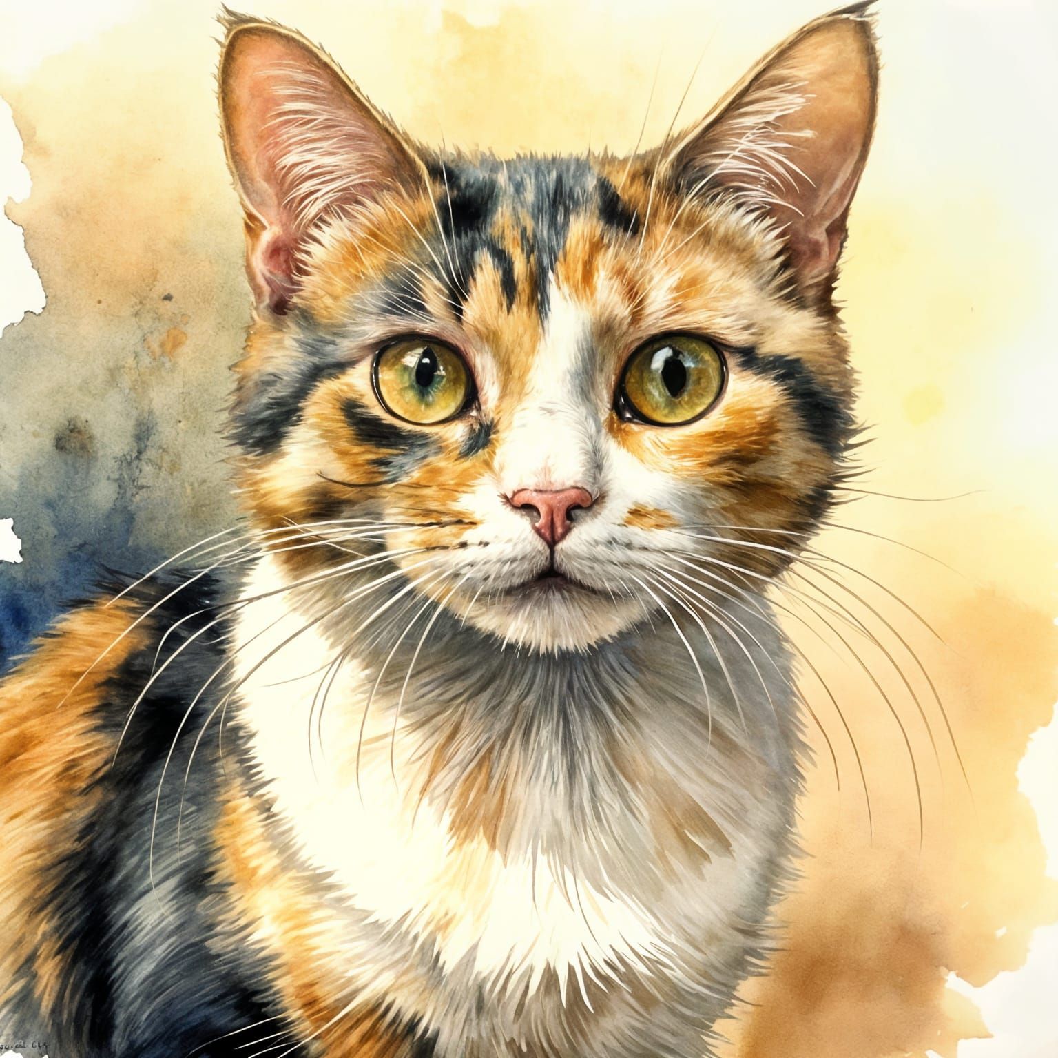 Elegant Calico Cat Portrait in Watercolor Style