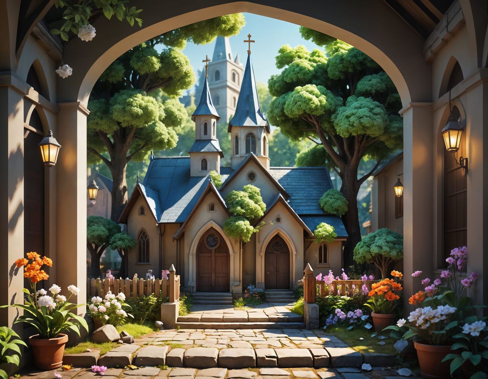 Origami Village Church in Papercraft Style